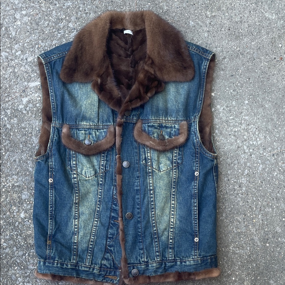 Denim Vest fully lined with Brown real Fur Trim. Real fur not faux fur.